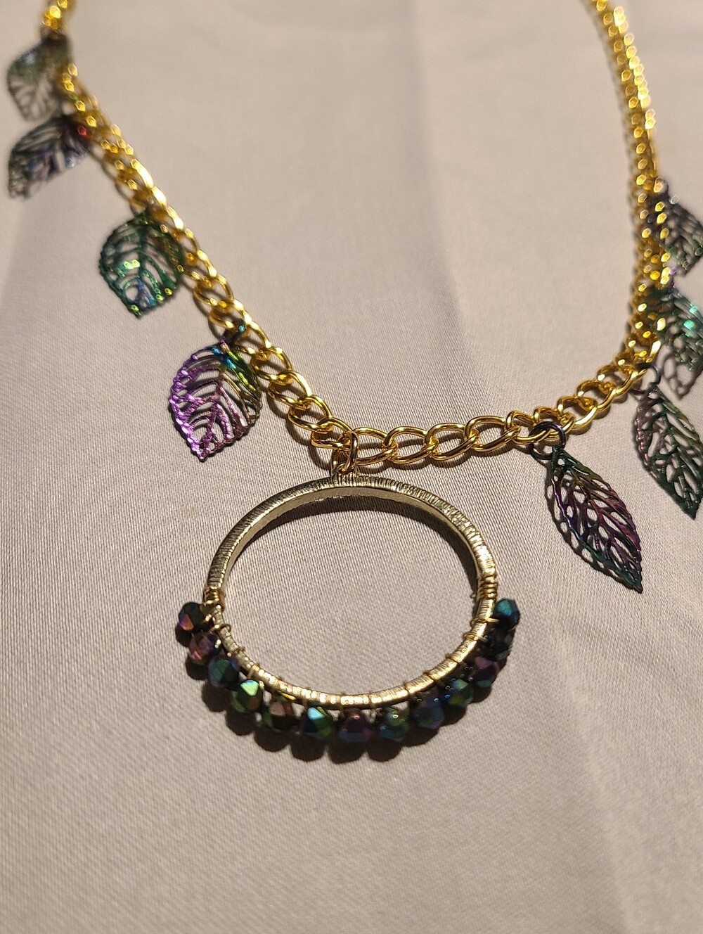 HANDMADE. Gold Leaf Charm Necklace with Iridescent Bead Pendant